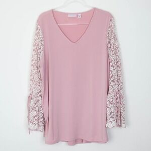 Susan Graver Womens Liquid Knit Lace Bell Sleeve Tunic Top Size 1X Pink Coquette